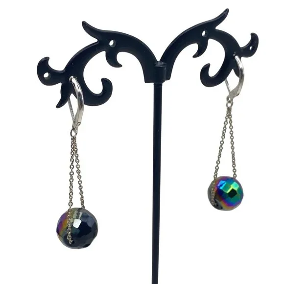 Glass AB Faceted Black Bead Necklace Earring Set Silver Tone 36" Chain 2" Dangle - Picture 6 of 8